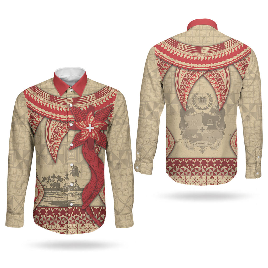 Tonga Language Week Couples Matching Tank Maxi Dress and Long Sleeve Button Shirt Tribal Cross Ngatu Floral Pattern