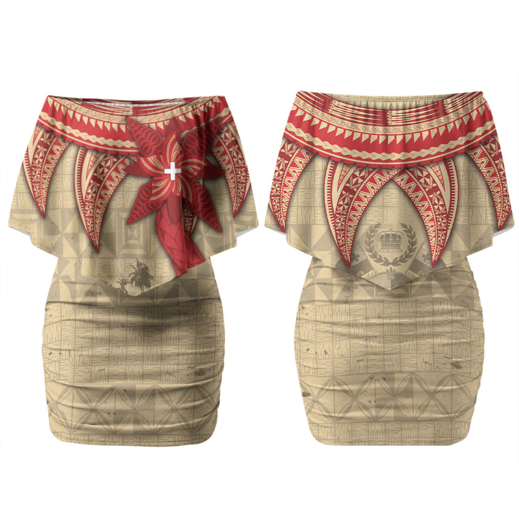 Tonga Language Week Family Matching Off Shoulder Short Dress and Hawaiian Shirt Tribal Cross Ngatu Floral Pattern