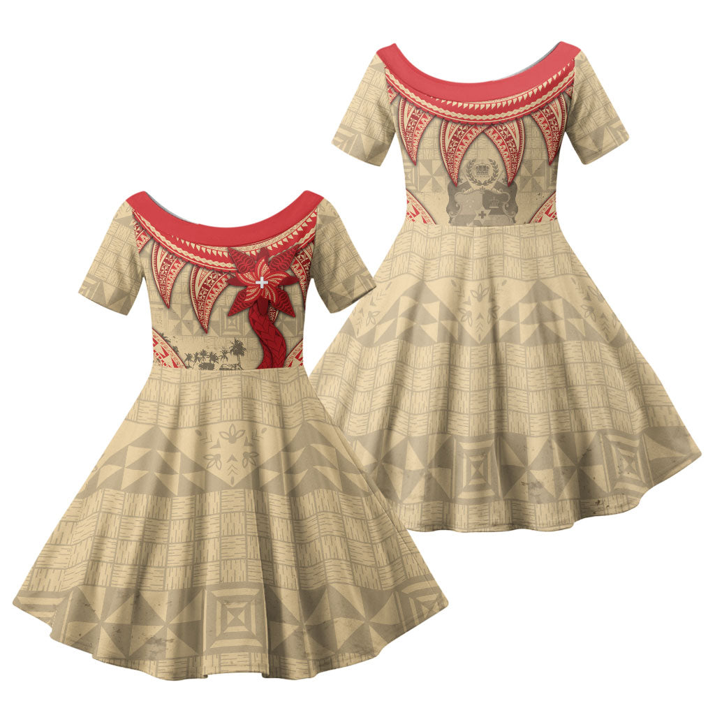 Tonga Language Week Family Matching Off Shoulder Short Dress and Hawaiian Shirt Tribal Cross Ngatu Floral Pattern