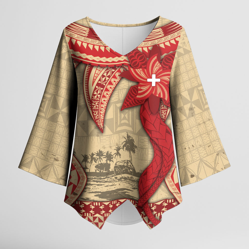 Tonga Language Week Kimono Sleeve Blouse Tribal Cross Ngatu Floral Pattern