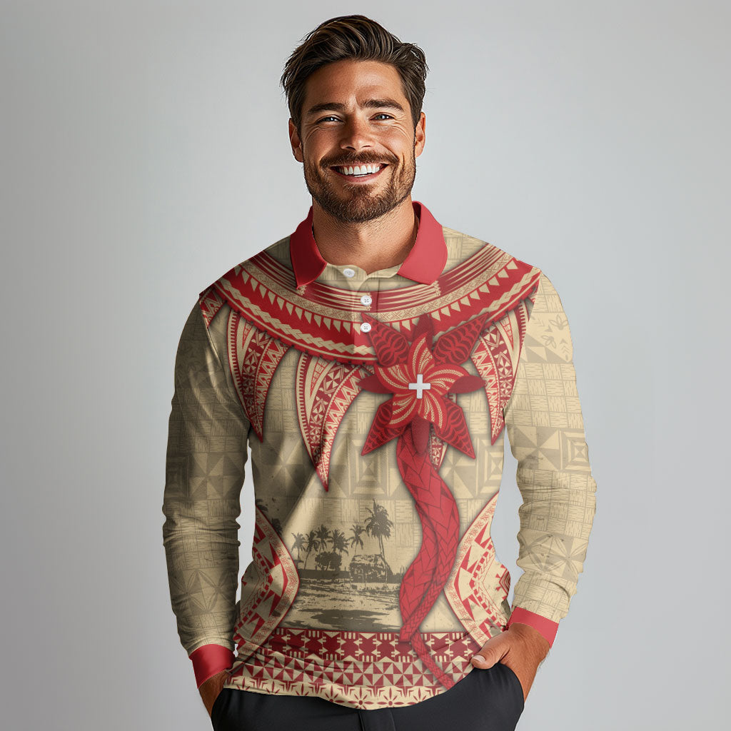 Tonga Language Week Long Sleeve Polo Shirt Tribal Cross Ngatu Floral Pattern