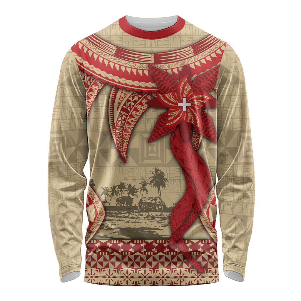 Tonga Language Week Long Sleeve Shirt Tribal Cross Ngatu Floral Pattern