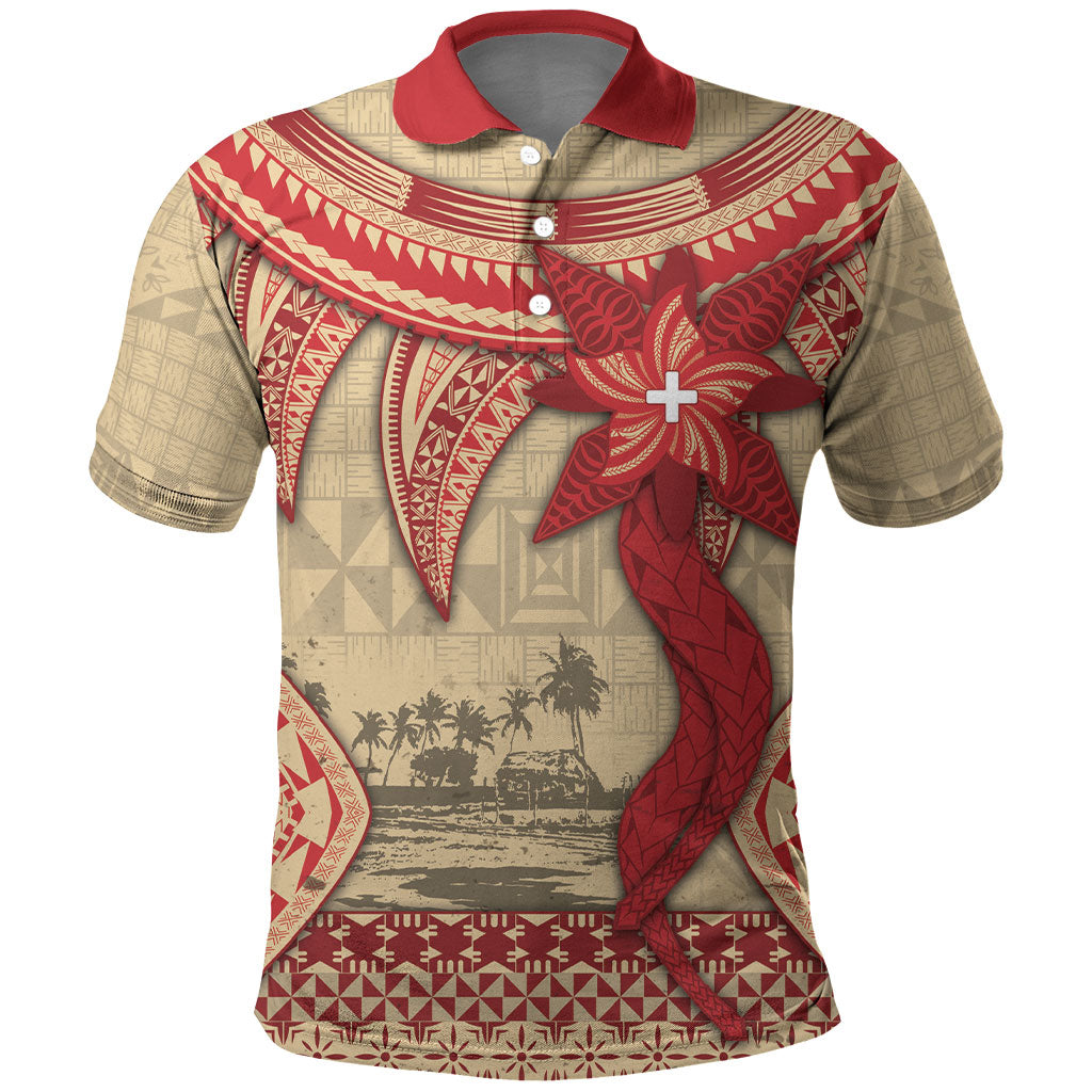 Tonga Language Week Polo Shirt Tribal Cross Ngatu Floral Pattern