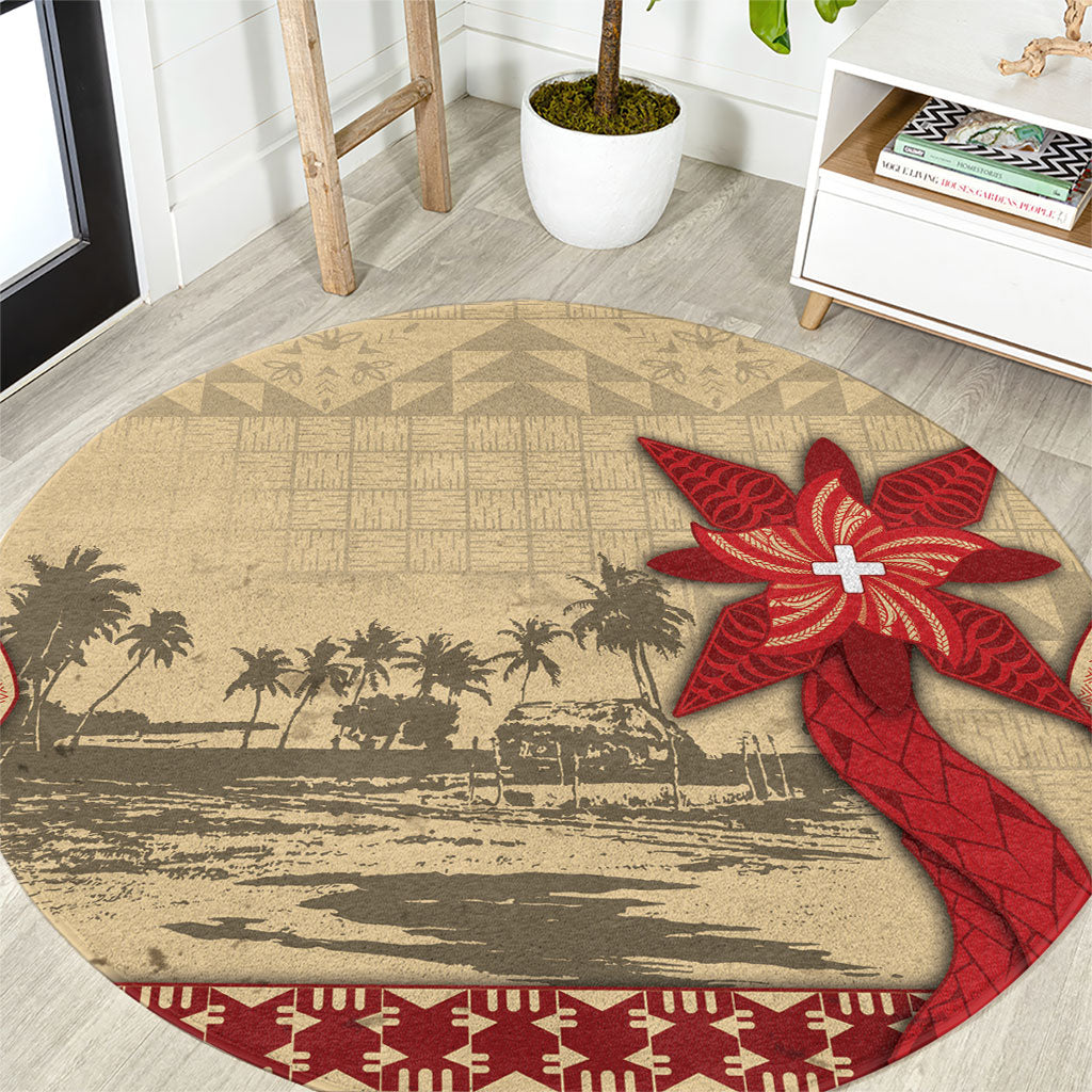 Tonga Language Week Round Carpet Tribal Cross Ngatu Floral Pattern