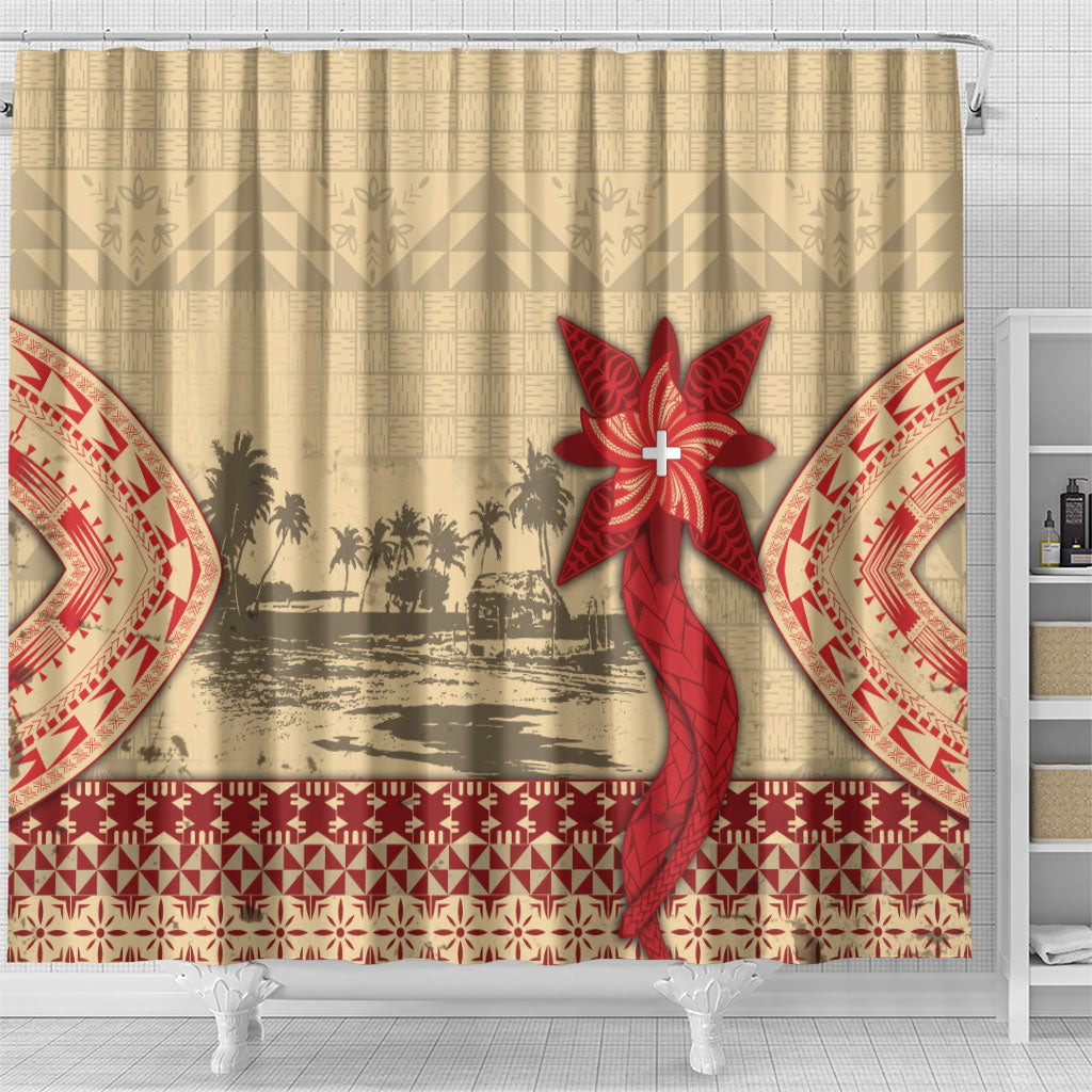 Tonga Language Week Shower Curtain Tribal Cross Ngatu Floral Pattern