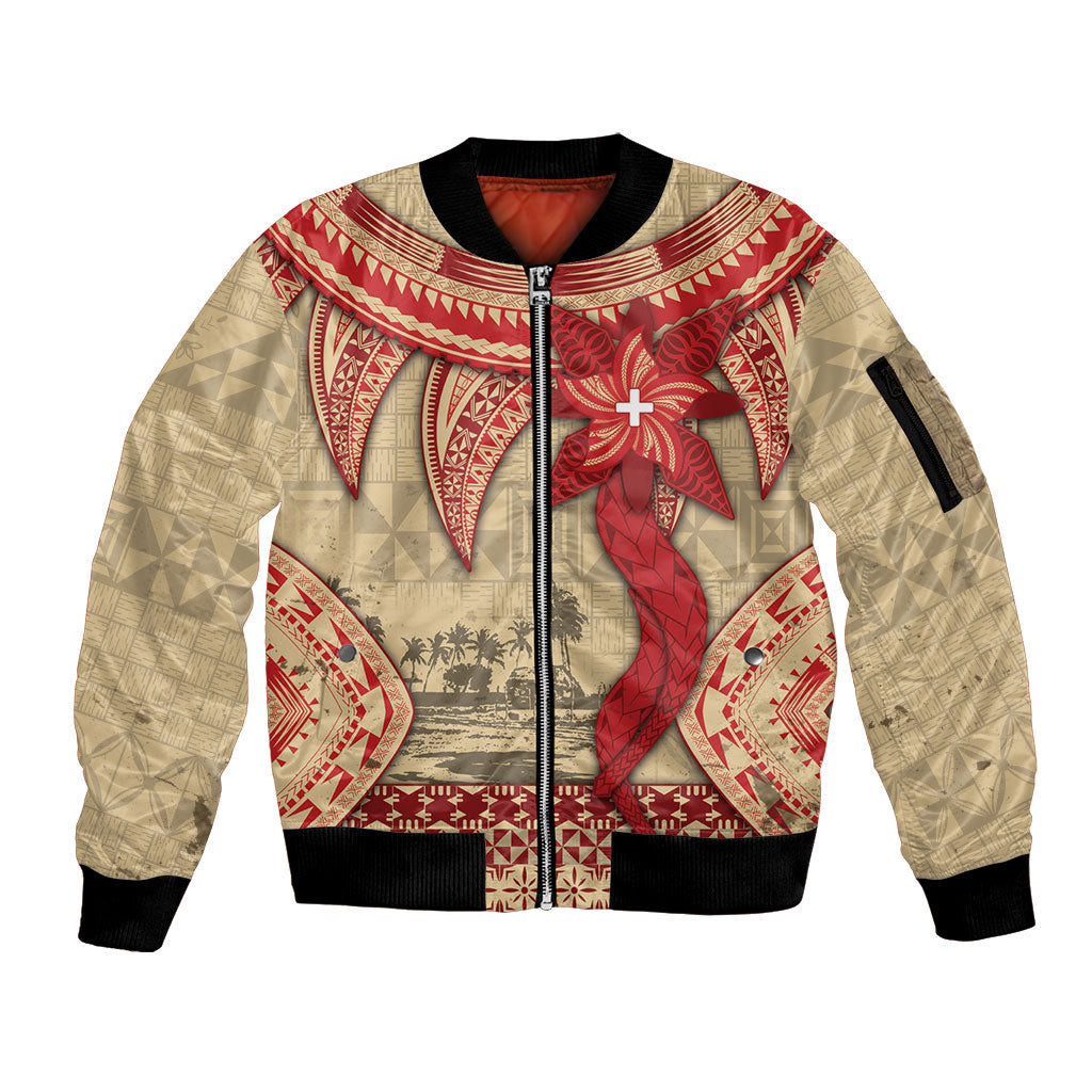 Tonga Language Week Sleeve Zip Bomber Jacket Tribal Cross Ngatu Floral Pattern