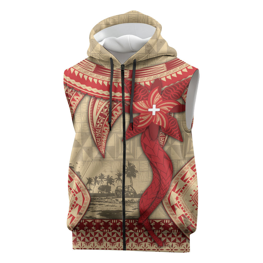 Tonga Language Week Sleeveless Zip Hoodie Tribal Cross Ngatu Floral Pattern DT05 Red - Polynesian Pride