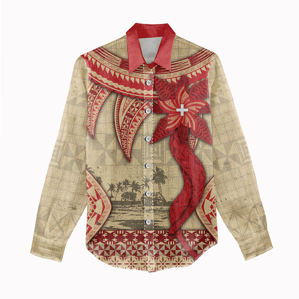 Tonga Language Week Women Casual Shirt Tribal Cross Ngatu Floral Pattern