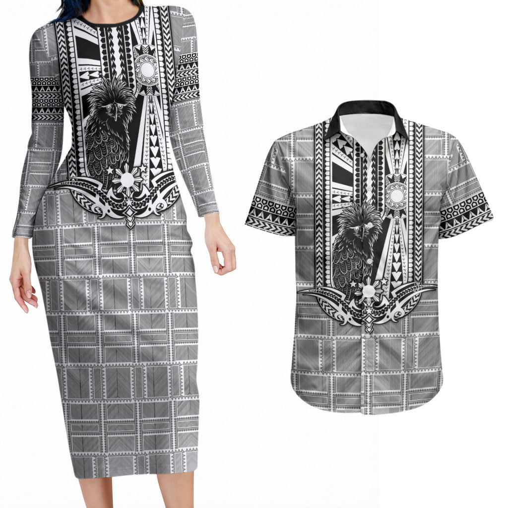 Mabuhay Philippines Festival Couples Matching Long Sleeve Bodycon Dress and Hawaiian Shirt Philippine Eagle Sun Three Stars Barong Pattern DT05 Gray - Polynesian Pride