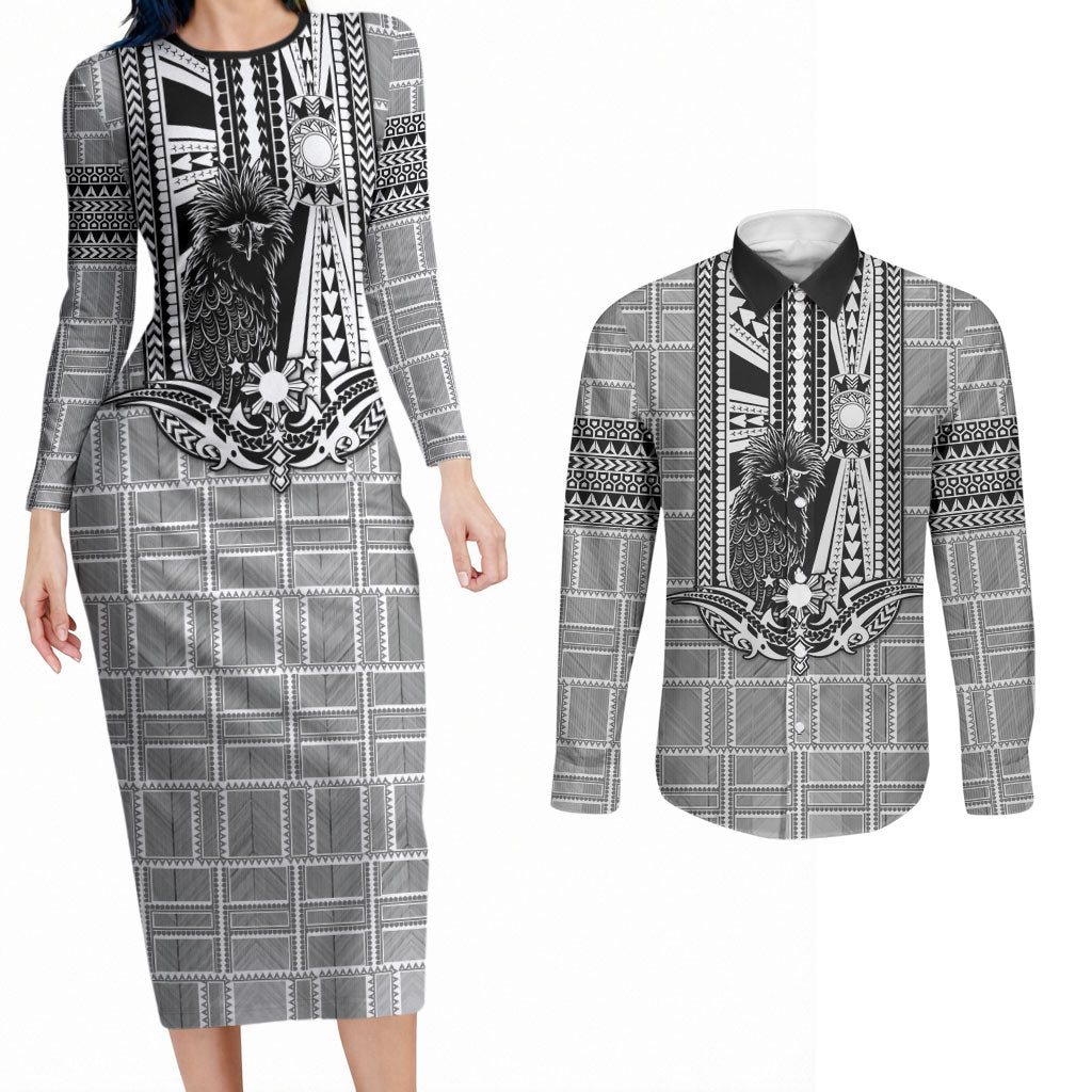 Mabuhay Philippines Festival Couples Matching Long Sleeve Bodycon Dress and Long Sleeve Button Shirt Philippine Eagle Sun Three Stars Barong Pattern