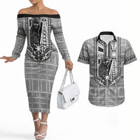 Mabuhay Philippines Festival Couples Matching Off The Shoulder Long Sleeve Dress and Hawaiian Shirt Philippine Eagle Sun Three Stars Barong Pattern DT05 Gray - Polynesian Pride