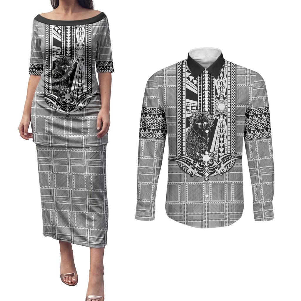 Mabuhay Philippines Festival Couples Matching Puletasi and Long Sleeve Button Shirt Philippine Eagle Sun Three Stars Barong Pattern DT05 Gray - Polynesian Pride