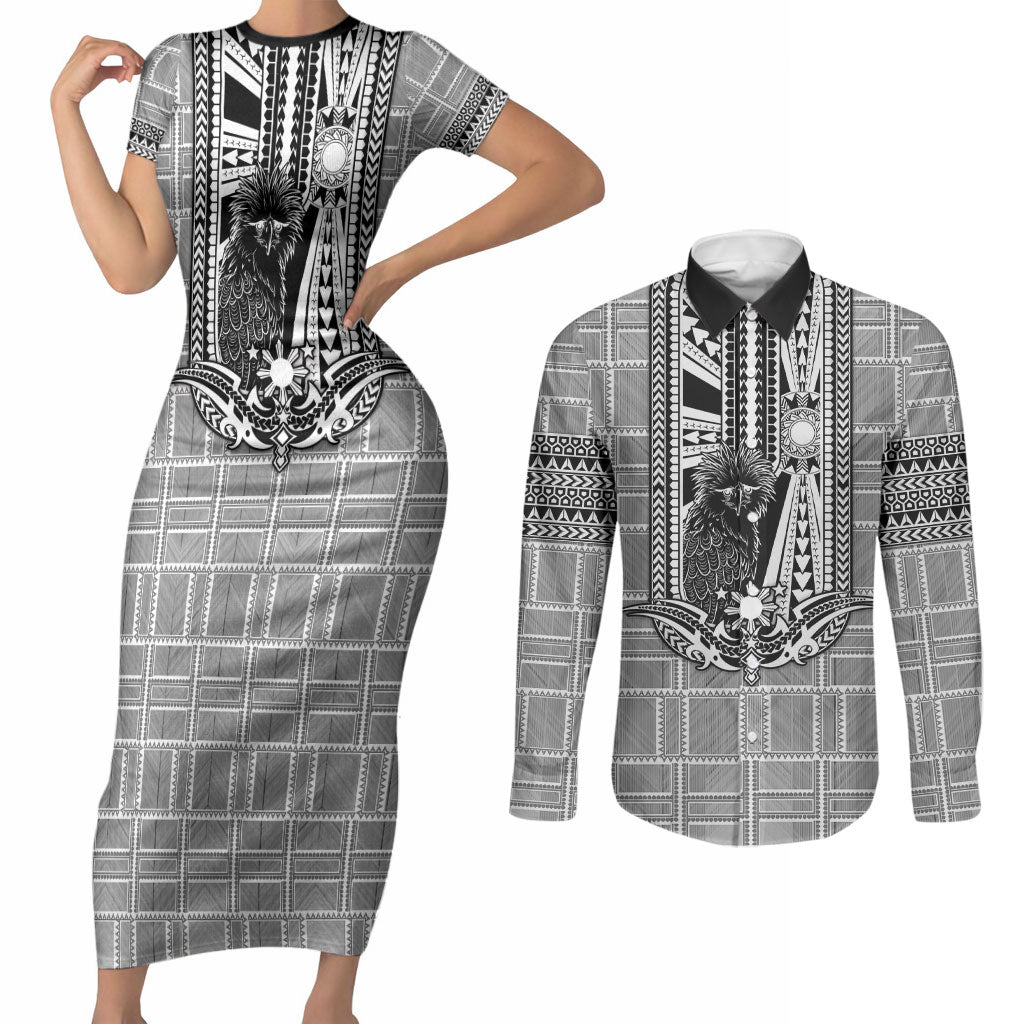 Mabuhay Philippines Festival Couples Matching Short Sleeve Bodycon Dress and Long Sleeve Button Shirt Philippine Eagle Sun Three Stars Barong Pattern