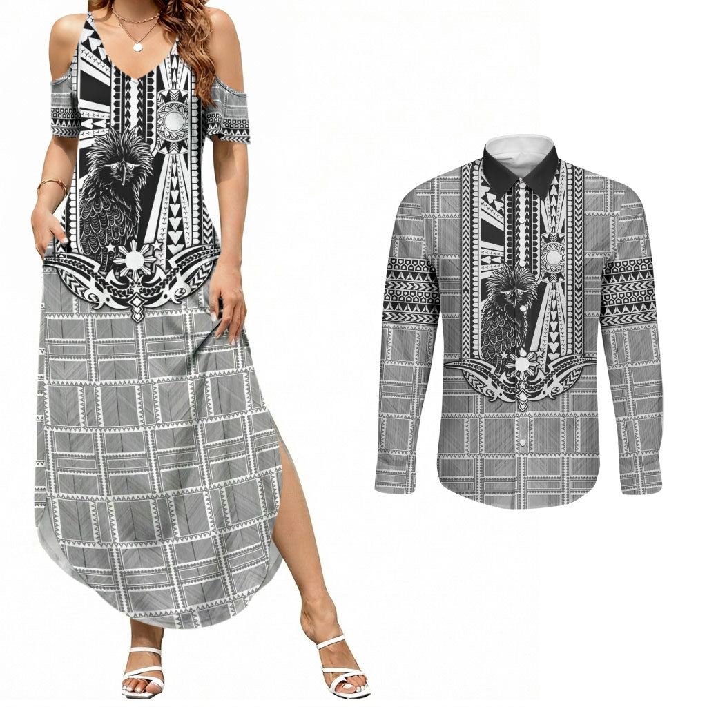 Mabuhay Philippines Festival Couples Matching Summer Maxi Dress and Long Sleeve Button Shirt Philippine Eagle Sun Three Stars Barong Pattern