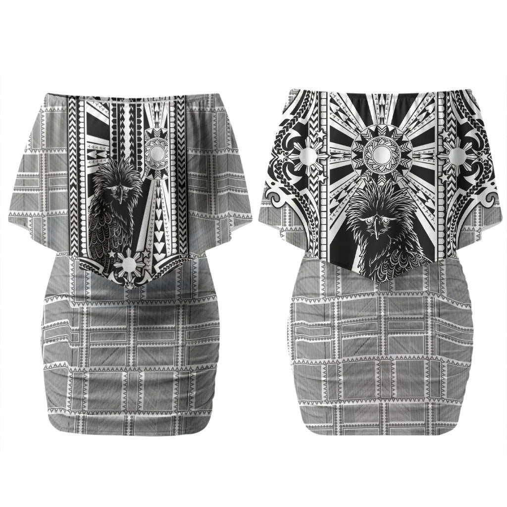 Mabuhay Philippines Festival Family Matching Off Shoulder Short Dress and Hawaiian Shirt Philippine Eagle Sun Three Stars Barong Pattern DT05 Mom's Dress Gray - Polynesian Pride