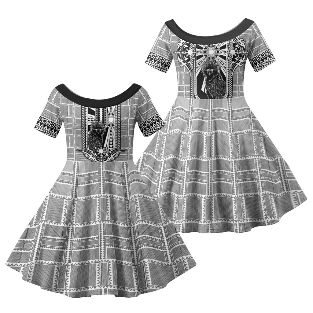 Mabuhay Philippines Festival Family Matching Off Shoulder Short Dress and Hawaiian Shirt Philippine Eagle Sun Three Stars Barong Pattern DT05 Daughter's Dress Gray - Polynesian Pride