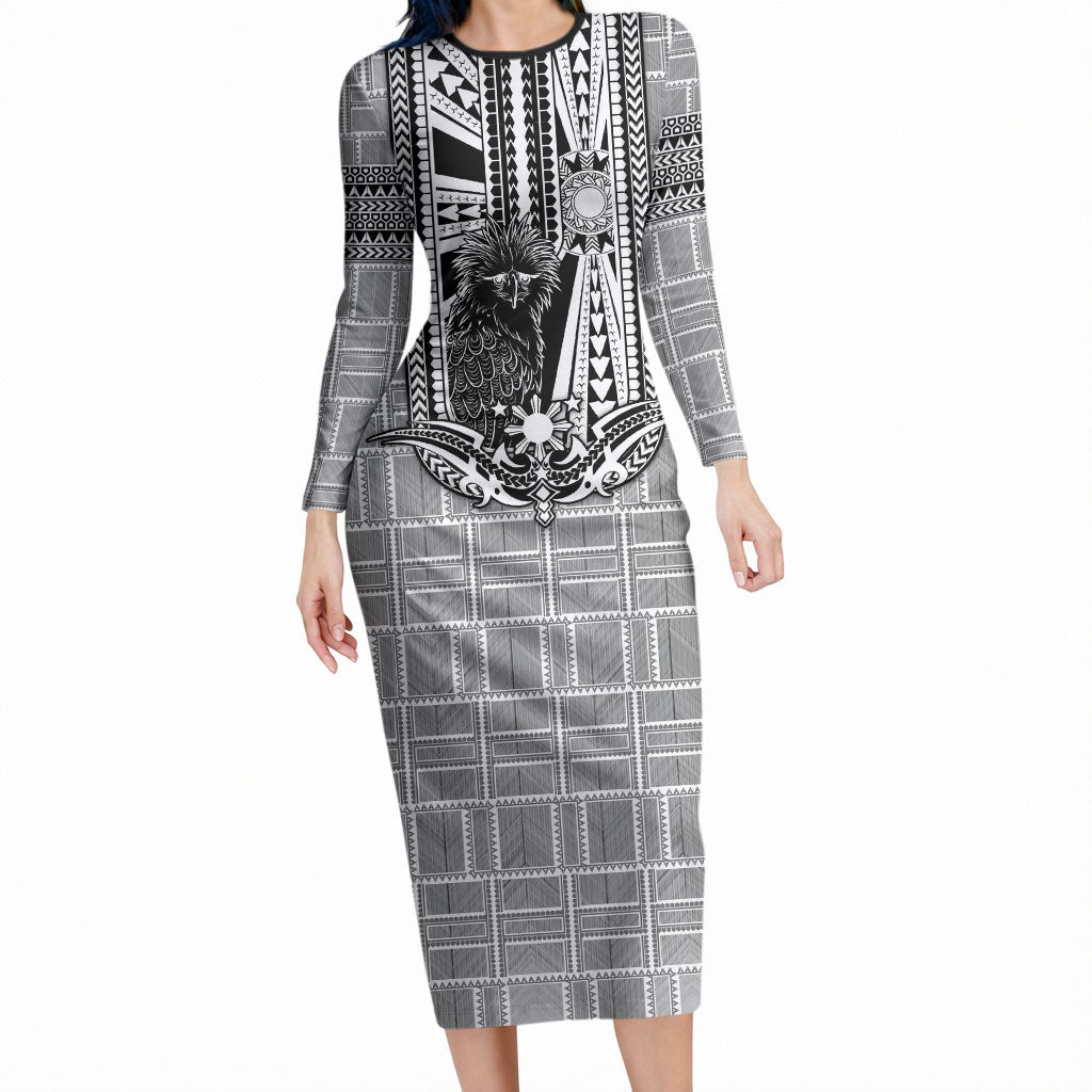 Mabuhay Philippines Festival Long Sleeve Bodycon Dress Philippine Eagle Sun Three Stars Barong Pattern DT05 Long Dress Gray - Polynesian Pride