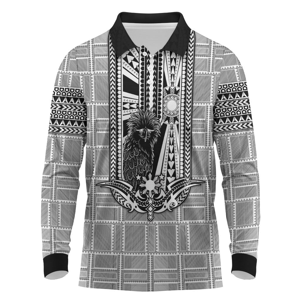 Mabuhay Philippines Festival Long Sleeve Polo Shirt Philippine Eagle Sun Three Stars Barong Pattern DT05 Gray - Polynesian Pride