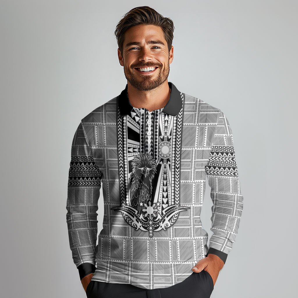 Mabuhay Philippines Festival Long Sleeve Polo Shirt Philippine Eagle Sun Three Stars Barong Pattern DT05 - Polynesian Pride