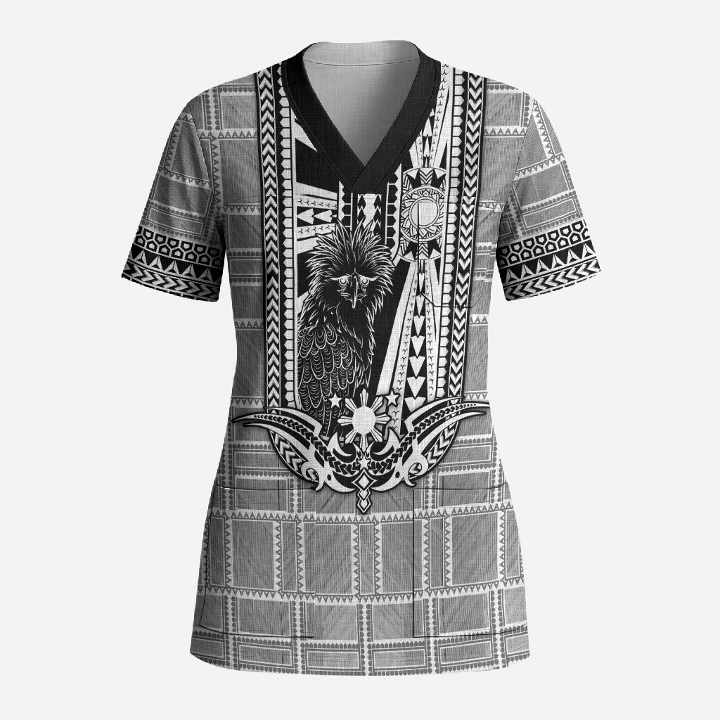 Mabuhay Philippines Festival Scrub Top Philippine Eagle Sun Three Stars Barong Pattern DT05 Adult Gray - Polynesian Pride