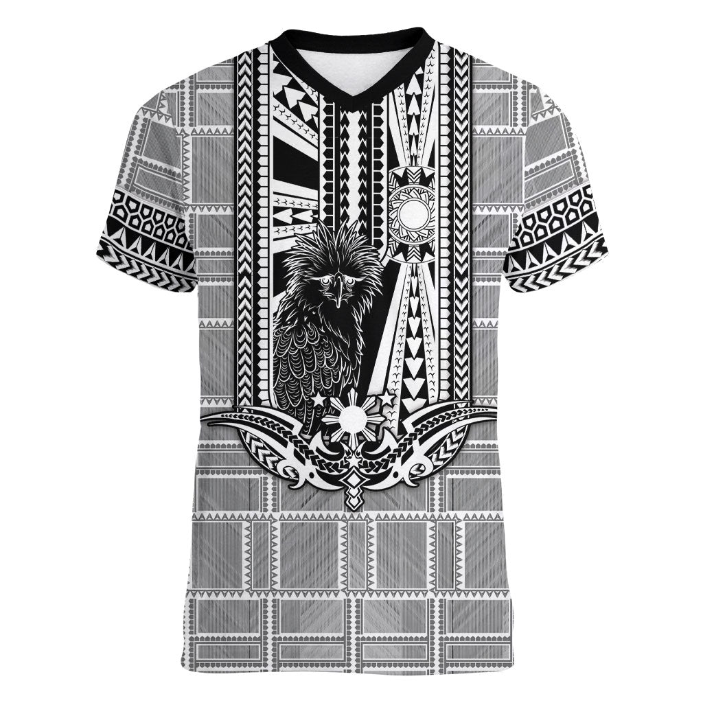 Mabuhay Philippines Festival Women V-Neck T-Shirt Philippine Eagle Sun Three Stars Barong Pattern DT05 Female Gray - Polynesian Pride