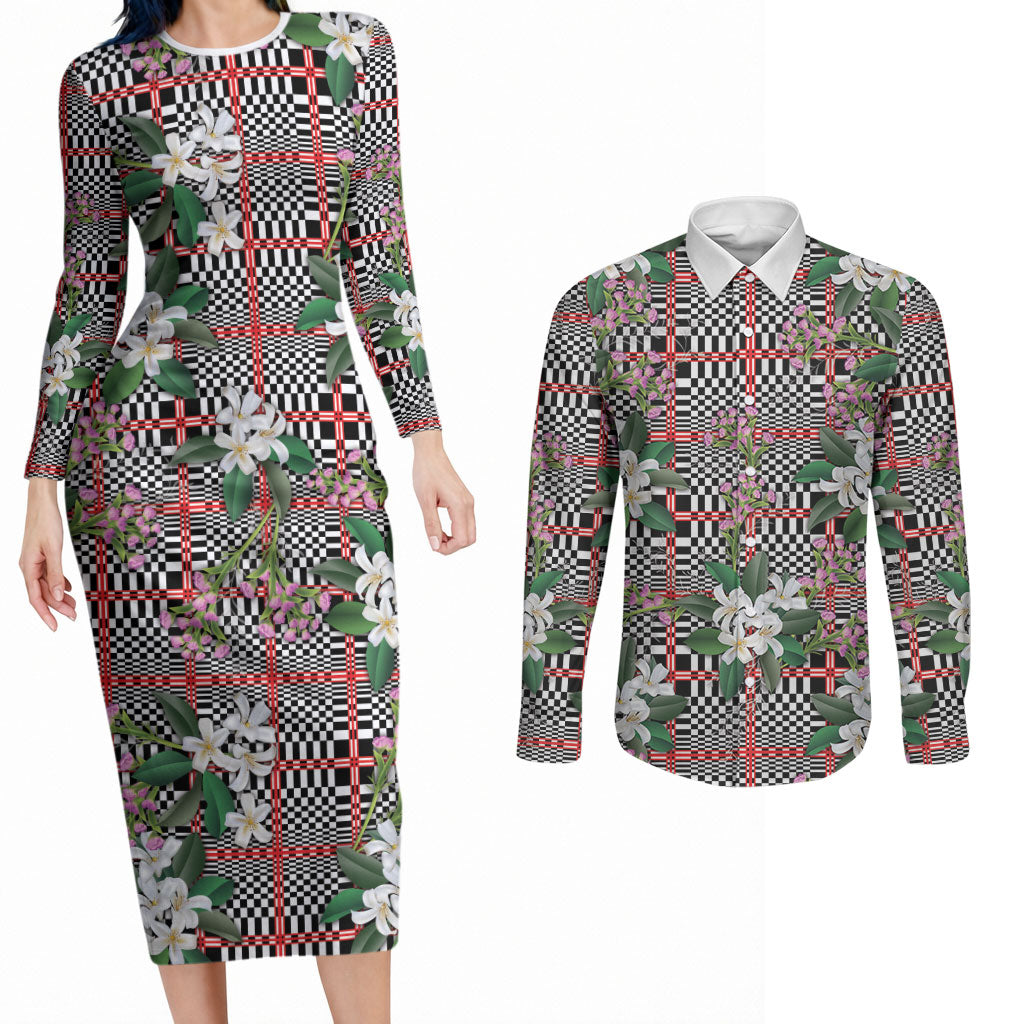 Red Binakol Motifs With Jasminum Sambac Couples Matching Long Sleeve Bodycon Dress and Long Sleeve Button Shirt Mabuhay Philippines Festival