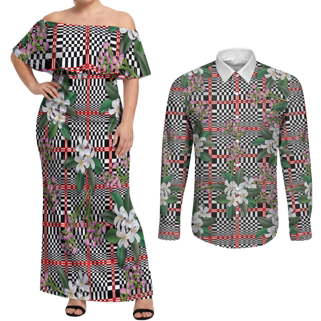 Red Binakol Motifs With Jasminum Sambac Couples Matching Off Shoulder Maxi Dress and Long Sleeve Button Shirt Mabuhay Philippines Festival DT05 Red - Polynesian Pride
