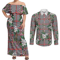 Red Binakol Motifs With Jasminum Sambac Couples Matching Off Shoulder Maxi Dress and Long Sleeve Button Shirt Mabuhay Philippines Festival DT05 Red - Polynesian Pride