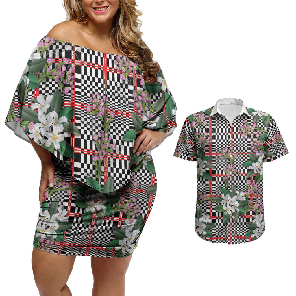 Red Binakol Motifs With Jasminum Sambac Couples Matching Off Shoulder Short Dress and Hawaiian Shirt Mabuhay Philippines Festival DT05 Red - Polynesian Pride