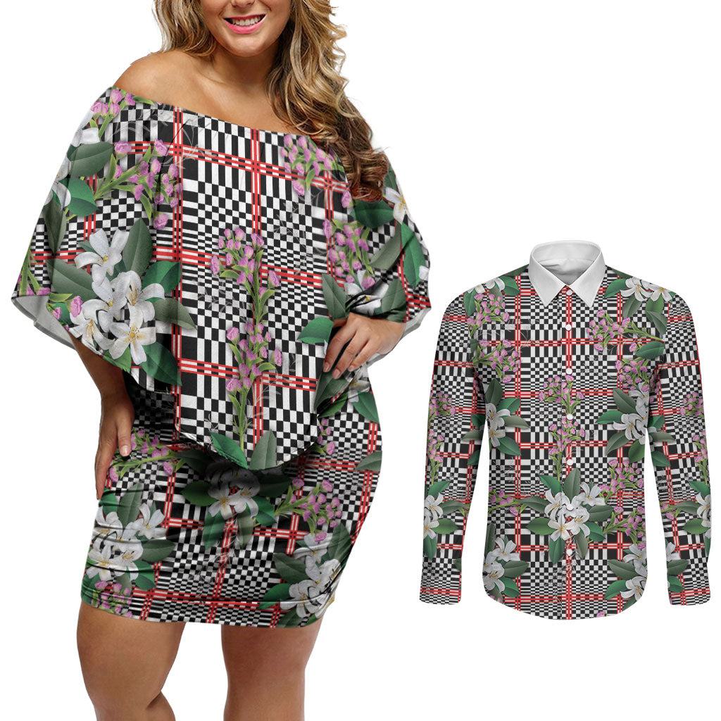Red Binakol Motifs With Jasminum Sambac Couples Matching Off Shoulder Short Dress and Long Sleeve Button Shirt Mabuhay Philippines Festival DT05 Red - Polynesian Pride