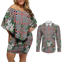 Red Binakol Motifs With Jasminum Sambac Couples Matching Off Shoulder Short Dress and Long Sleeve Button Shirt Mabuhay Philippines Festival DT05 Red - Polynesian Pride