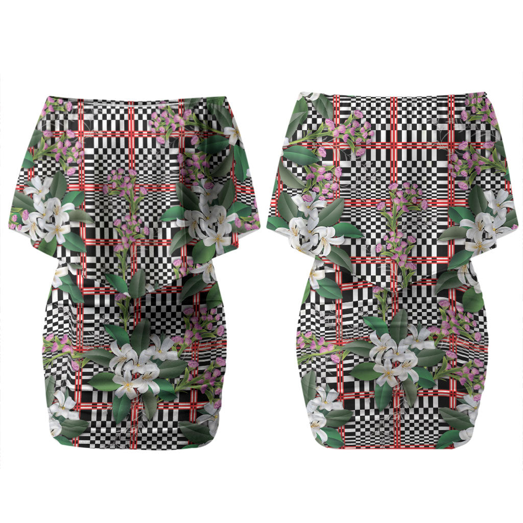 Red Binakol Motifs With Jasminum Sambac Couples Matching Off Shoulder Short Dress and Long Sleeve Button Shirt Mabuhay Philippines Festival DT05 - Polynesian Pride