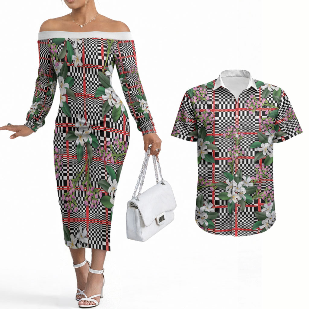 Red Binakol Motifs With Jasminum Sambac Couples Matching Off The Shoulder Long Sleeve Dress and Hawaiian Shirt Mabuhay Philippines Festival DT05 Red - Polynesian Pride