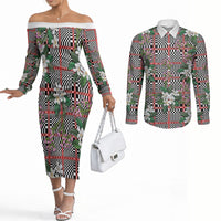 Red Binakol Motifs With Jasminum Sambac Couples Matching Off The Shoulder Long Sleeve Dress and Long Sleeve Button Shirt Mabuhay Philippines Festival DT05 Red - Polynesian Pride