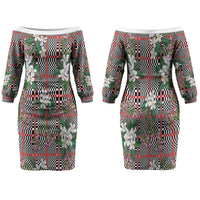 Red Binakol Motifs With Jasminum Sambac Couples Matching Off The Shoulder Long Sleeve Dress and Long Sleeve Button Shirt Mabuhay Philippines Festival DT05 - Polynesian Pride