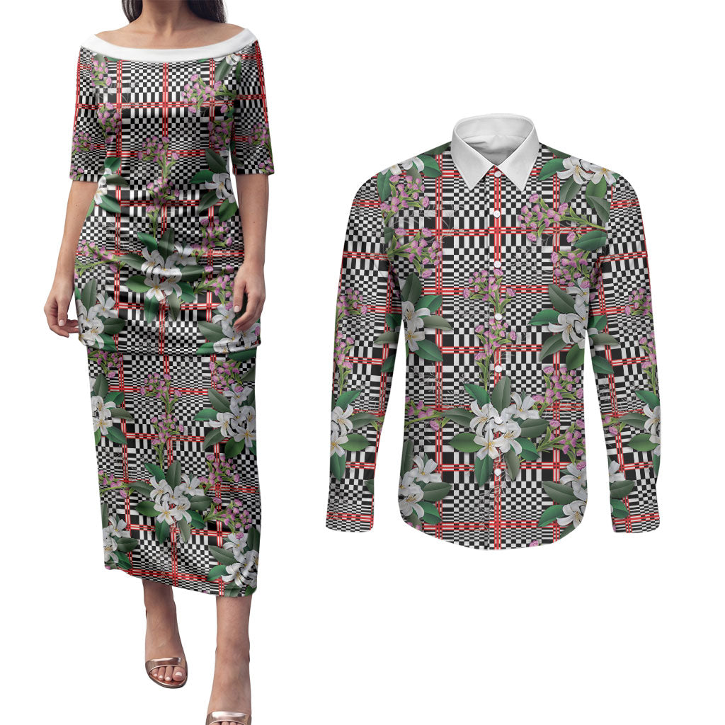 Red Binakol Motifs With Jasminum Sambac Couples Matching Puletasi and Long Sleeve Button Shirt Mabuhay Philippines Festival DT05 Red - Polynesian Pride