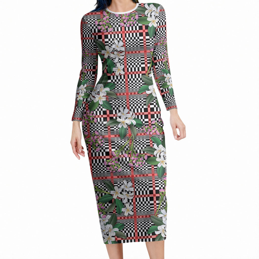 Red Binakol Motifs With Jasminum Sambac Long Sleeve Bodycon Dress Mabuhay Philippines Festival DT05 Long Dress Red - Polynesian Pride