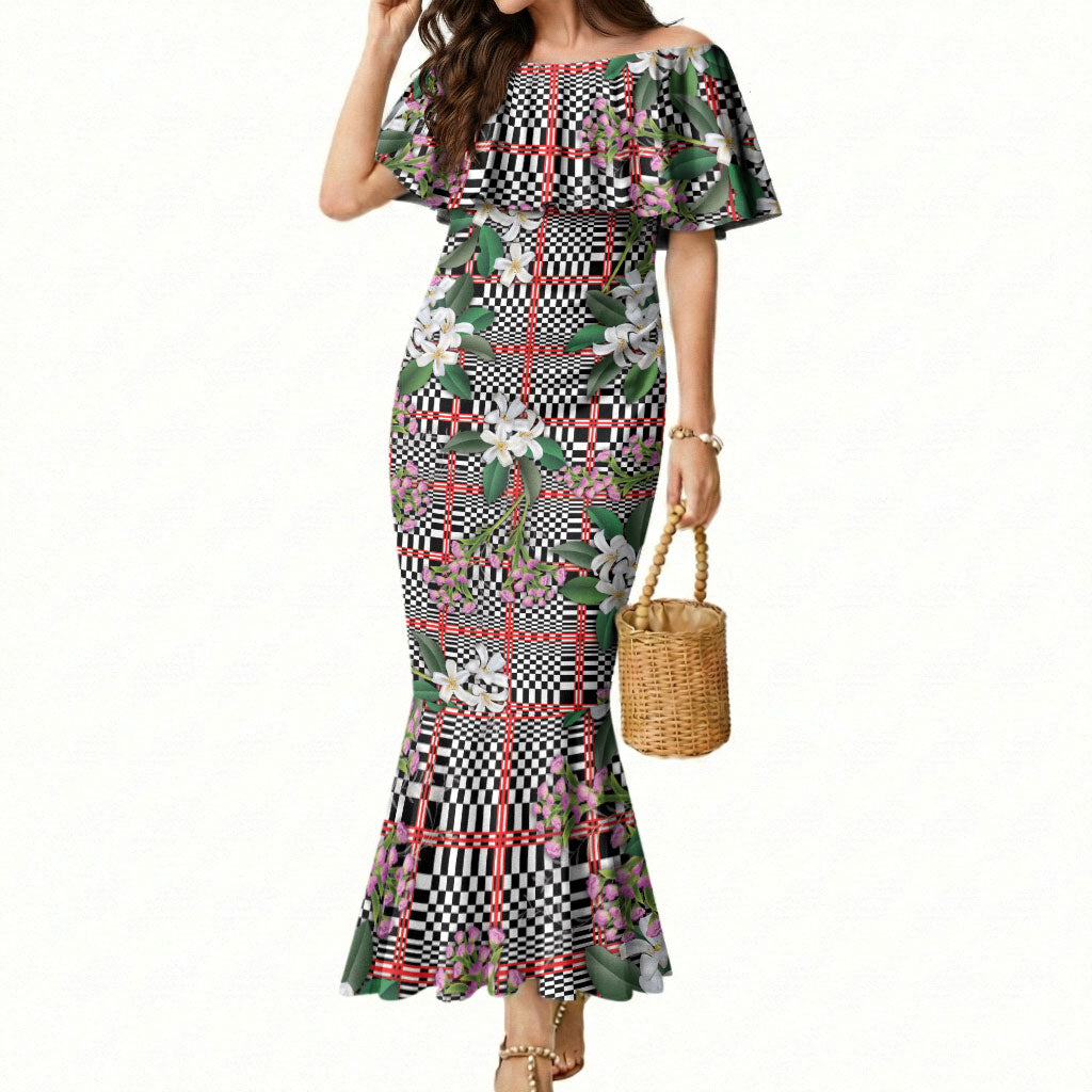Red Binakol Motifs With Jasminum Sambac Mermaid Dress Mabuhay Philippines Festival DT05 Women Red - Polynesian Pride
