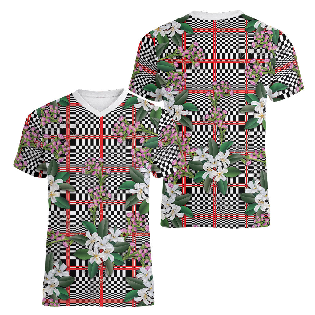 Red Binakol Motifs With Jasminum Sambac Women V-Neck T-Shirt Mabuhay Philippines Festival DT05 - Polynesian Pride