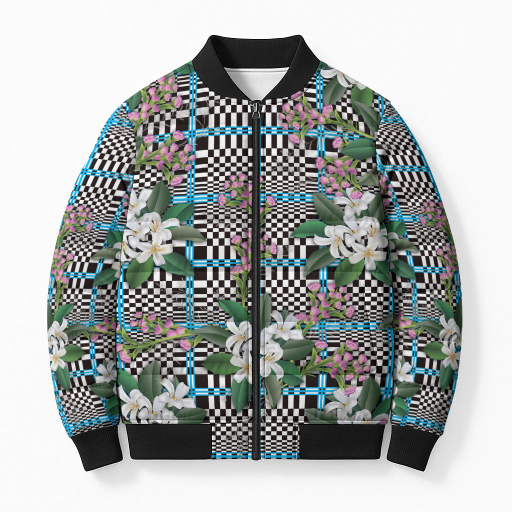 Blue Binakol Motifs With Jasminum Sambac Bomber Puffer Jacket Mabuhay Philippines Festival DT05 Unisex Blue - Polynesian Pride