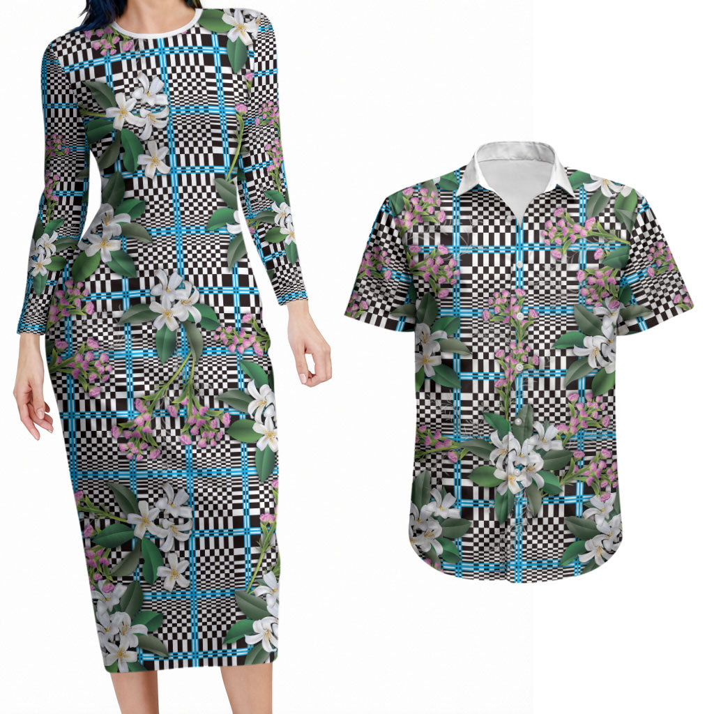 Blue Binakol Motifs With Jasminum Sambac Couples Matching Long Sleeve Bodycon Dress and Hawaiian Shirt Mabuhay Philippines Festival