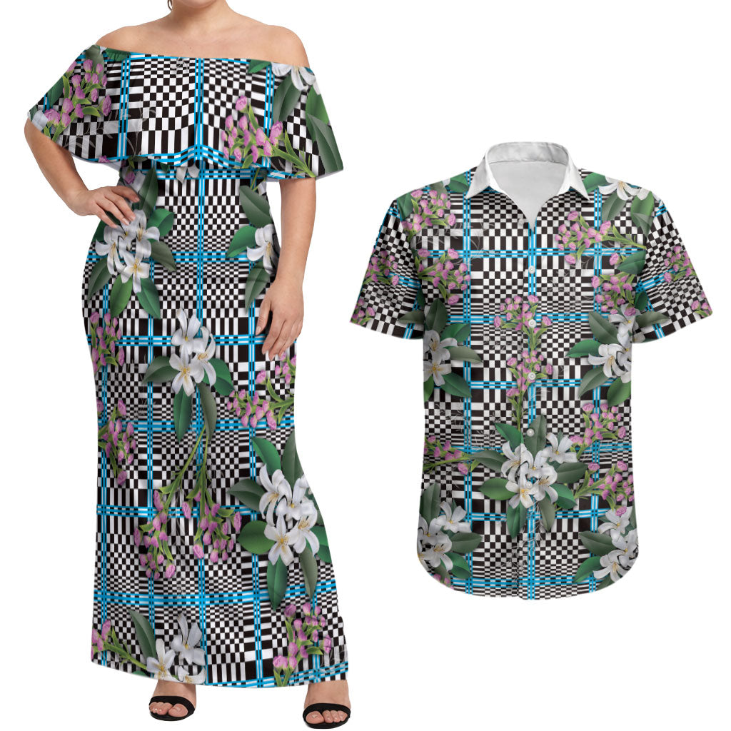 Blue Binakol Motifs With Jasminum Sambac Couples Matching Off Shoulder Maxi Dress and Hawaiian Shirt Mabuhay Philippines Festival