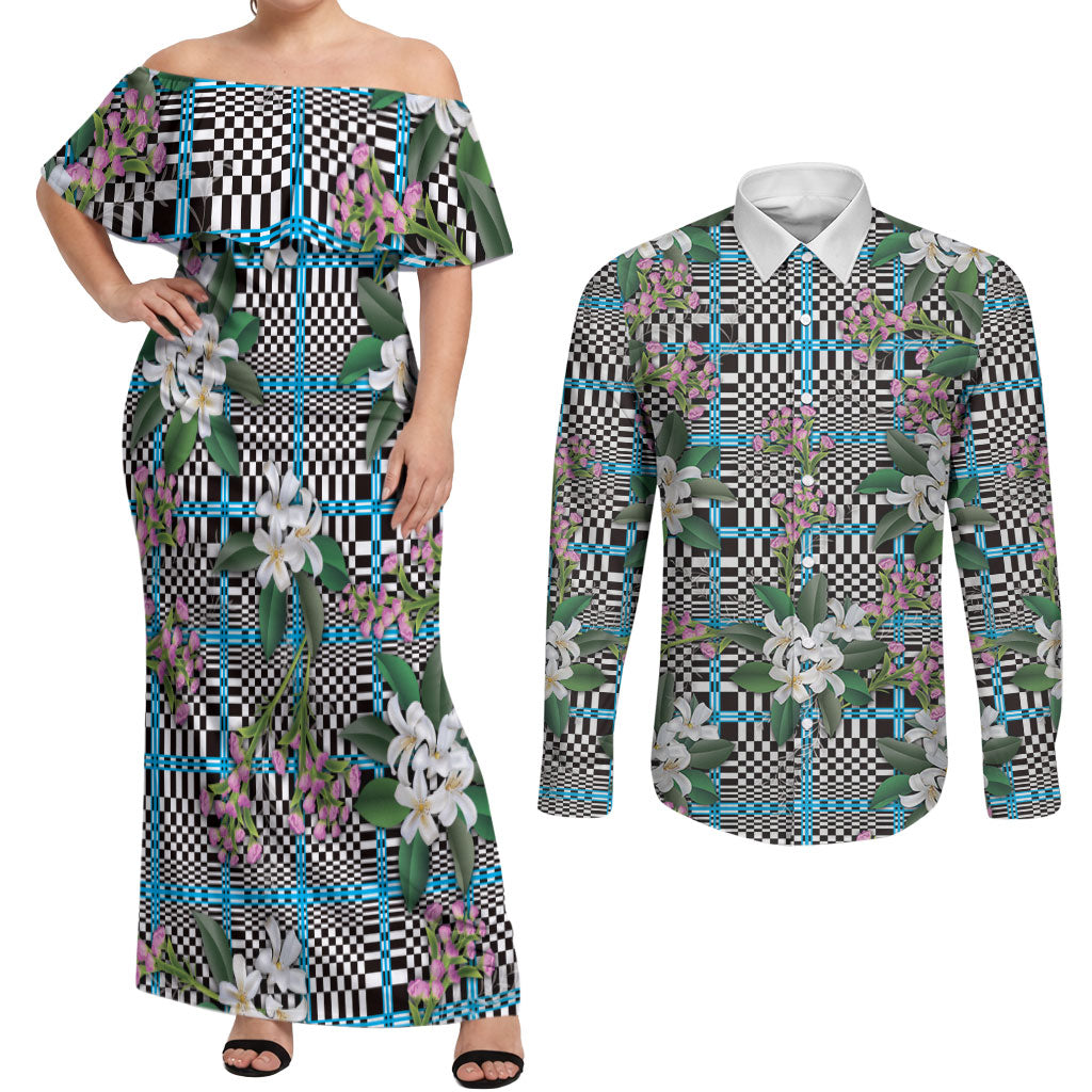 Blue Binakol Motifs With Jasminum Sambac Couples Matching Off Shoulder Maxi Dress and Long Sleeve Button Shirt Mabuhay Philippines Festival