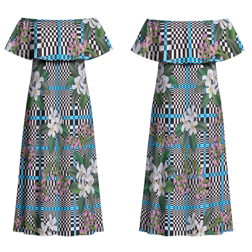 Blue Binakol Motifs With Jasminum Sambac Couples Matching Off Shoulder Maxi Dress and Long Sleeve Button Shirt Mabuhay Philippines Festival DT05 - Polynesian Pride
