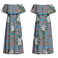Blue Binakol Motifs With Jasminum Sambac Couples Matching Off Shoulder Maxi Dress and Long Sleeve Button Shirt Mabuhay Philippines Festival DT05 - Polynesian Pride