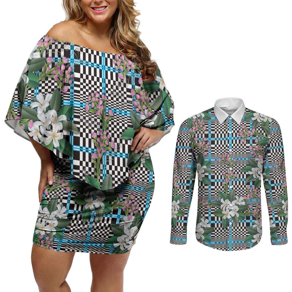 Blue Binakol Motifs With Jasminum Sambac Couples Matching Off Shoulder Short Dress and Long Sleeve Button Shirt Mabuhay Philippines Festival DT05 Blue - Polynesian Pride