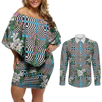 Blue Binakol Motifs With Jasminum Sambac Couples Matching Off Shoulder Short Dress and Long Sleeve Button Shirt Mabuhay Philippines Festival DT05 Blue - Polynesian Pride