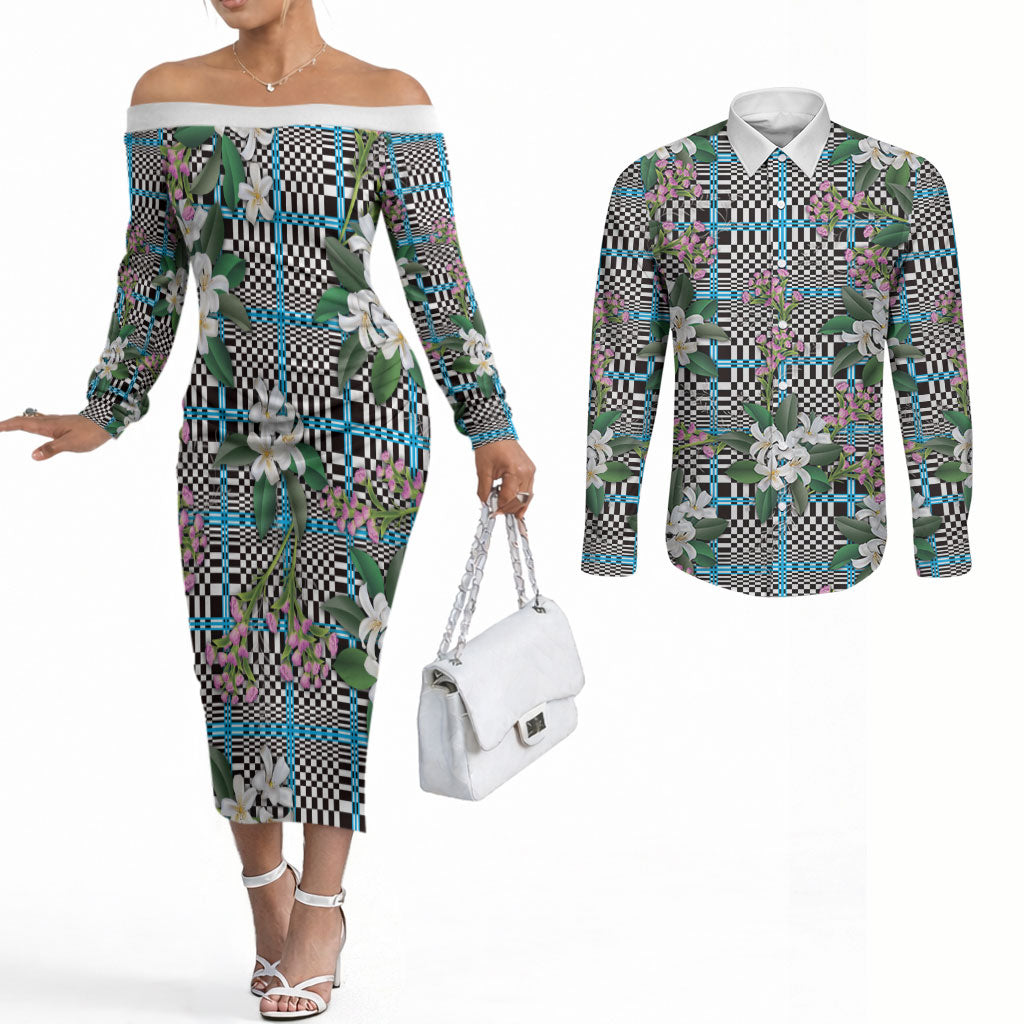 Blue Binakol Motifs With Jasminum Sambac Couples Matching Off The Shoulder Long Sleeve Dress and Long Sleeve Button Shirt Mabuhay Philippines Festival DT05 Blue - Polynesian Pride