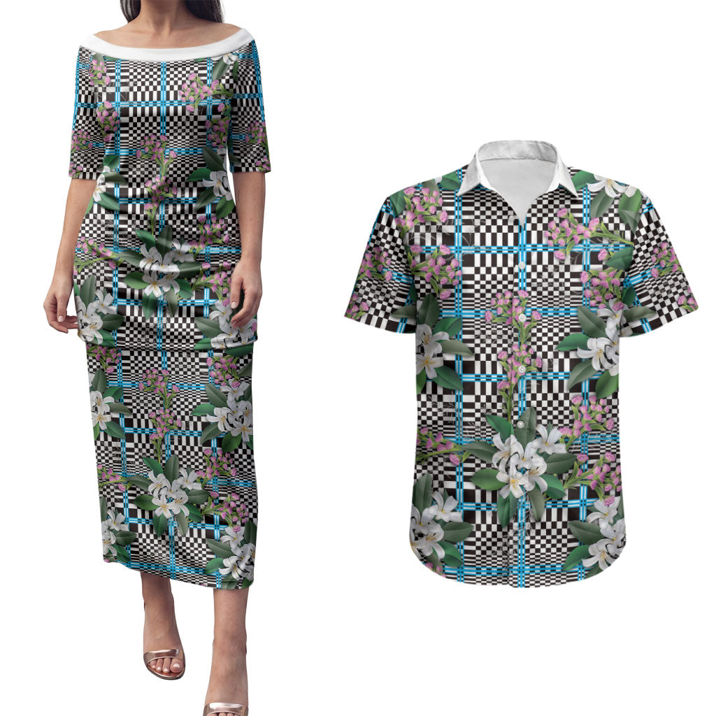 Blue Binakol Motifs With Jasminum Sambac Couples Matching Puletasi and Hawaiian Shirt Mabuhay Philippines Festival DT05 Blue - Polynesian Pride