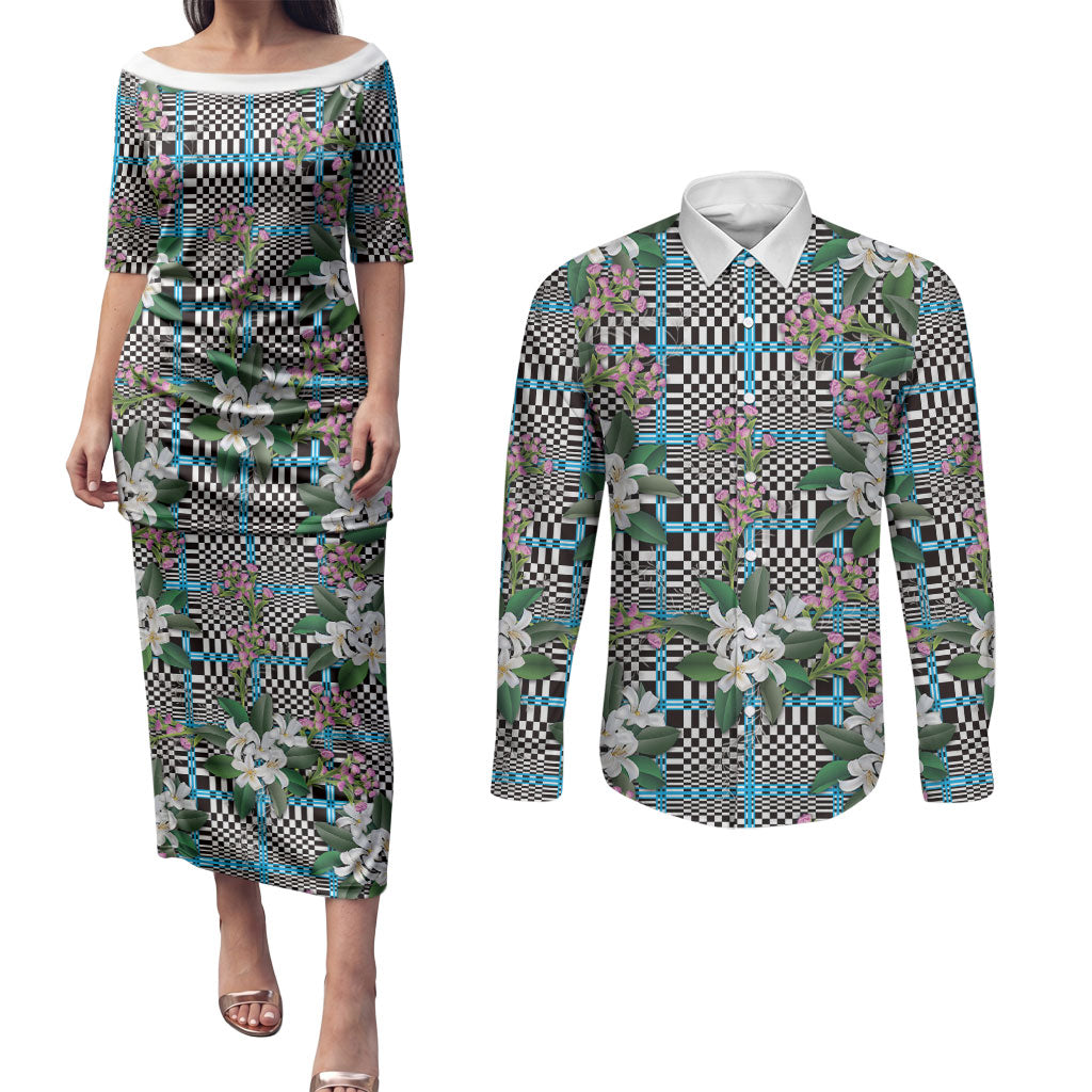Blue Binakol Motifs With Jasminum Sambac Couples Matching Puletasi and Long Sleeve Button Shirt Mabuhay Philippines Festival DT05 Blue - Polynesian Pride